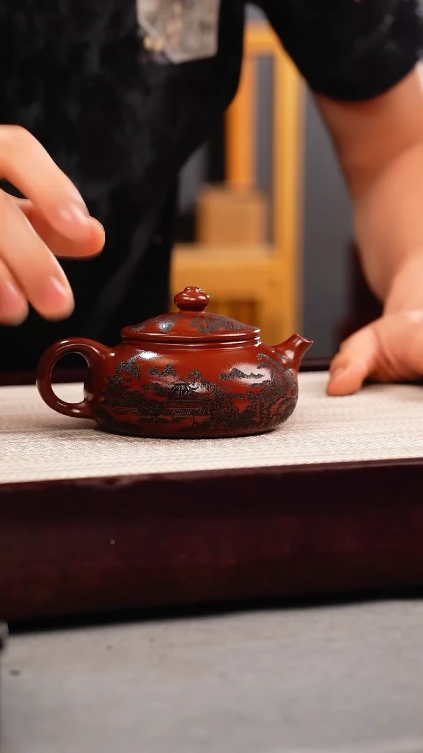 茶杯紫砂龙血砂山水寒江