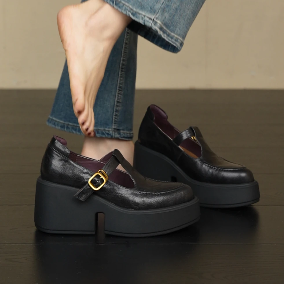 RubyL•34-39/8cm坡跟尖头浅口丁字带复古羊皮百搭高跟通勤单鞋