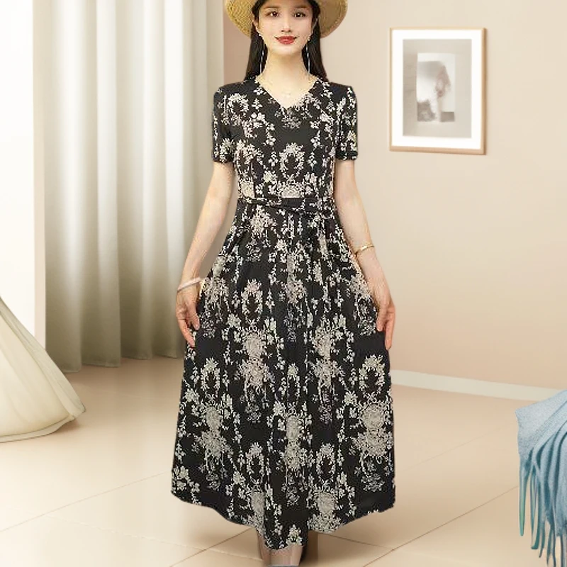 夏季碎花裙中长裙套头连衣裙显瘦复古夏装印花V领裙子