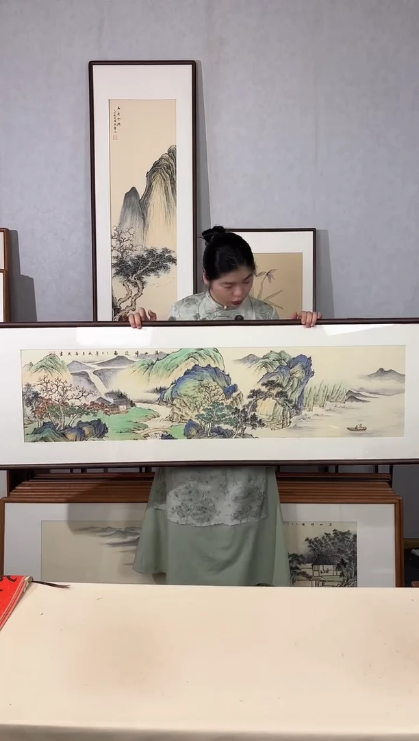 国画手绘*溪山归泛图*52*172cm带框发货