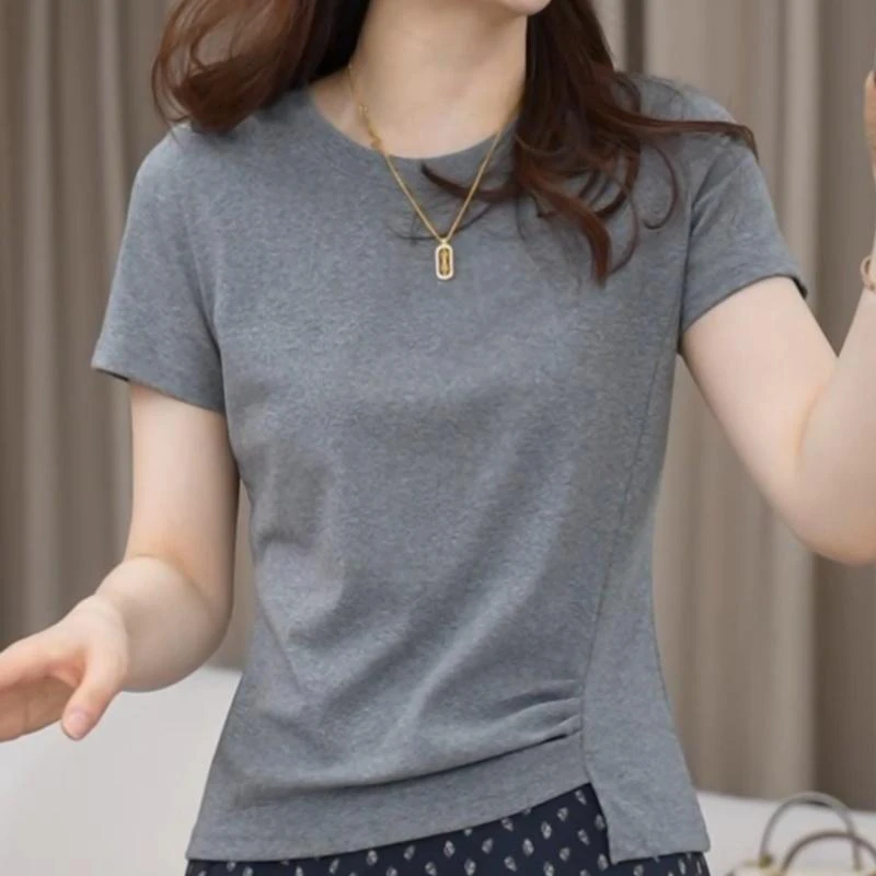 正肩短袖T恤女2025夏季新款爆款不规则抽褶遮肉显瘦大码半袖上衣