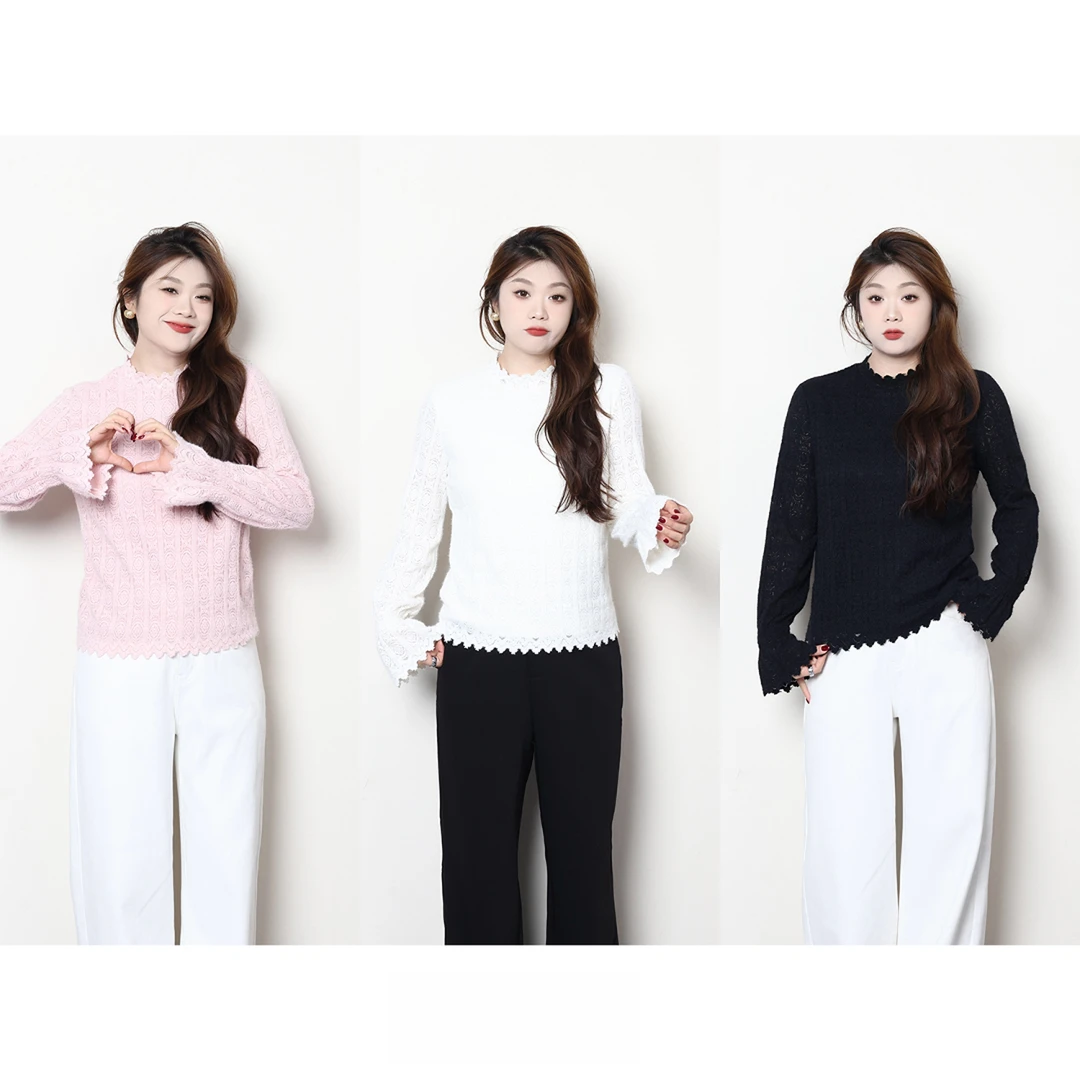 裂渡宣宣【无法拒绝】微胖大码女秋冬气质百搭蕾丝打底T恤ZY409Q31