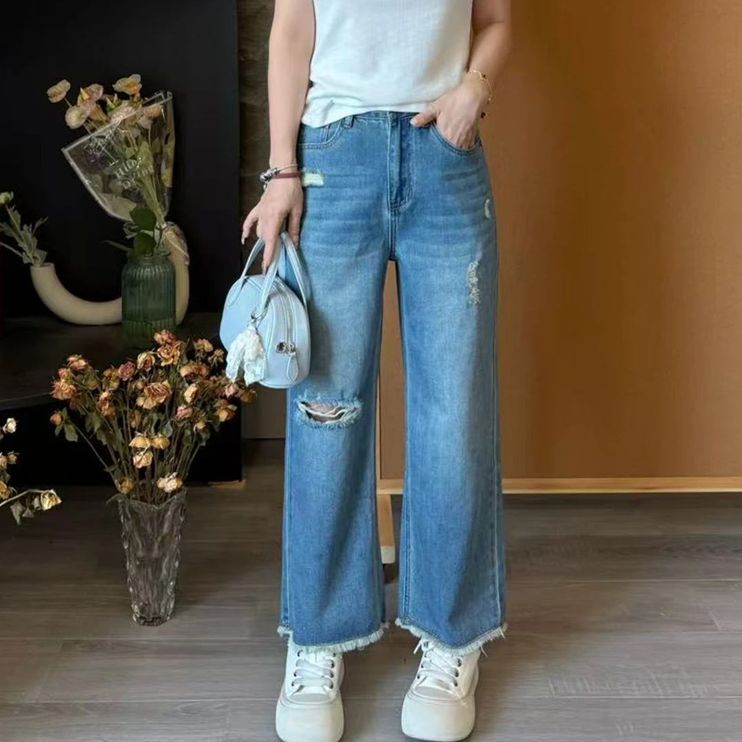 小个子圆圆Y620复古做旧破洞薄款小直筒牛仔裤夏季百搭九分裤女