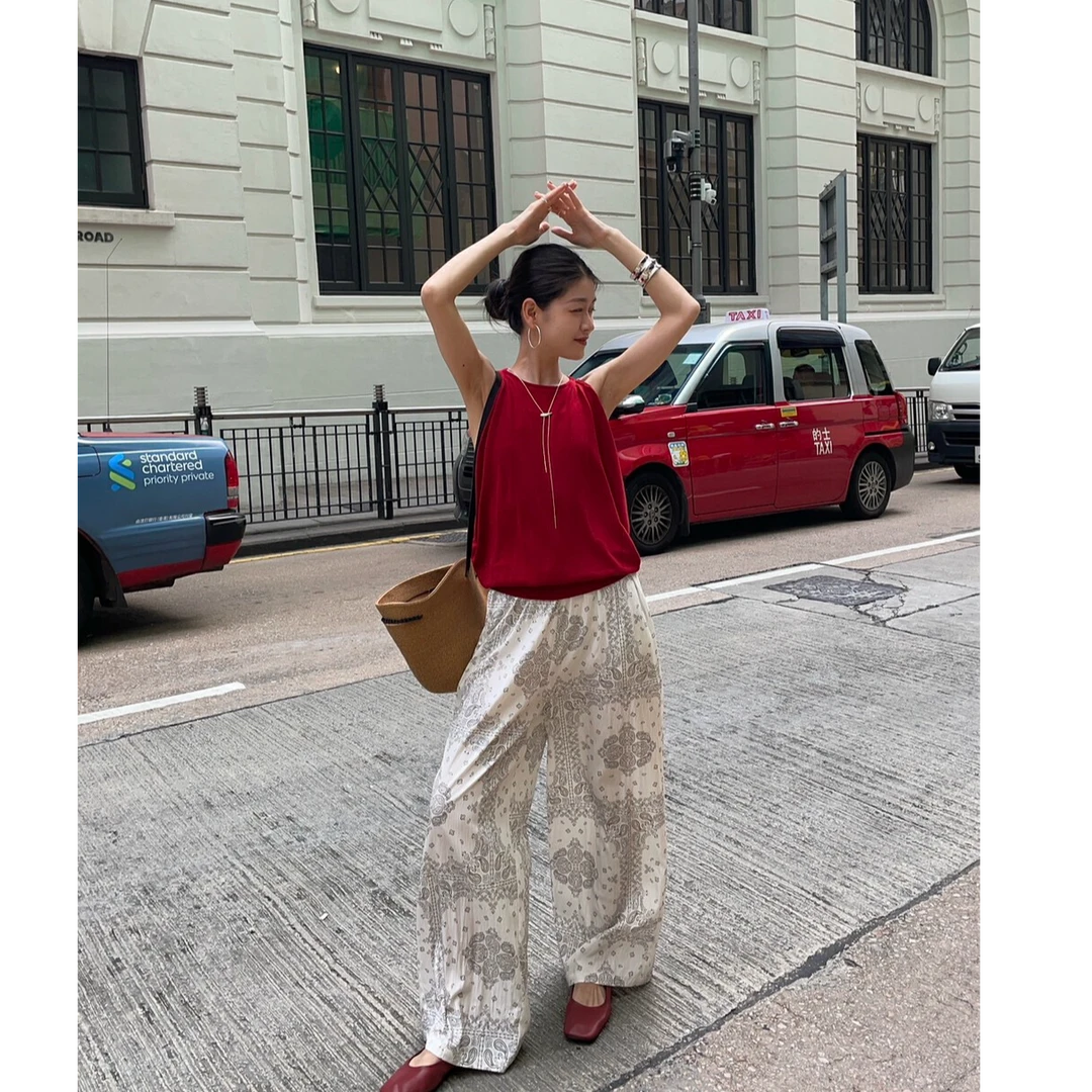 老钱风女装穿搭套装夏季度假风小众休闲时尚洋气上衣阔腿裤两件套