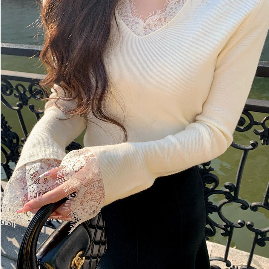 佐佐家小个子 V领设计感蕾丝花边针织衫女冬季法式内搭打底上衣