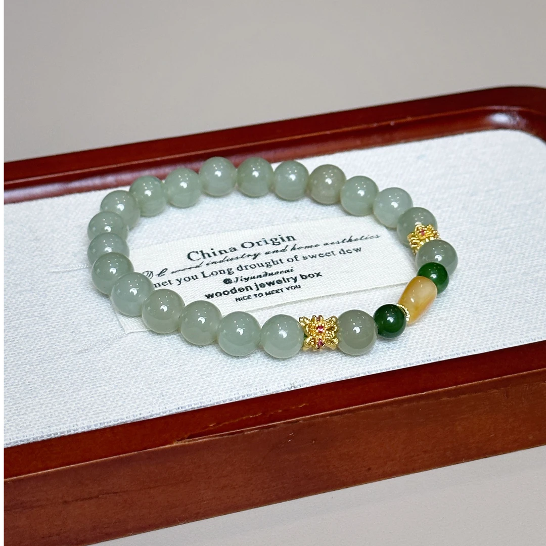 K04和田玉8mm绿色手链气质简约百搭小众国风复古情侣款女士手串