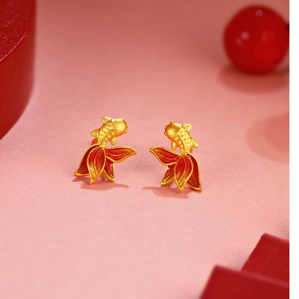 ZOCAI/佐卡伊【传世之美】黄金耳饰珐琅彩足金锦鲤耳钉