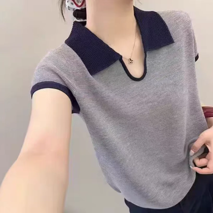 高级雾灰polo2025夏季新品针织女薄款夏季短袖T恤女撞色通勤百搭