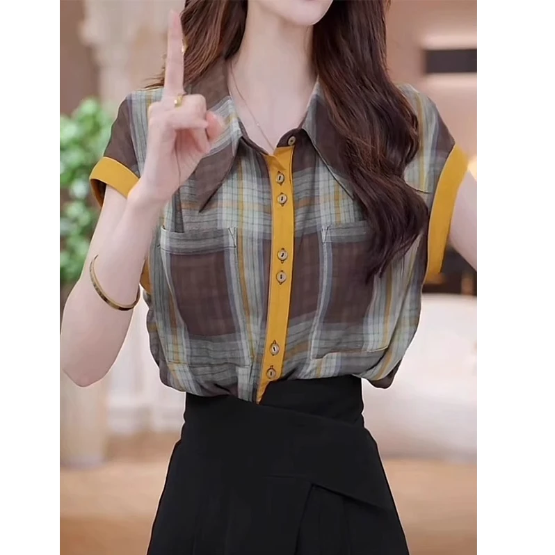韩版设计感格子拼接无袖衬衫女2025新款夏季穿搭女装时尚气质上衣