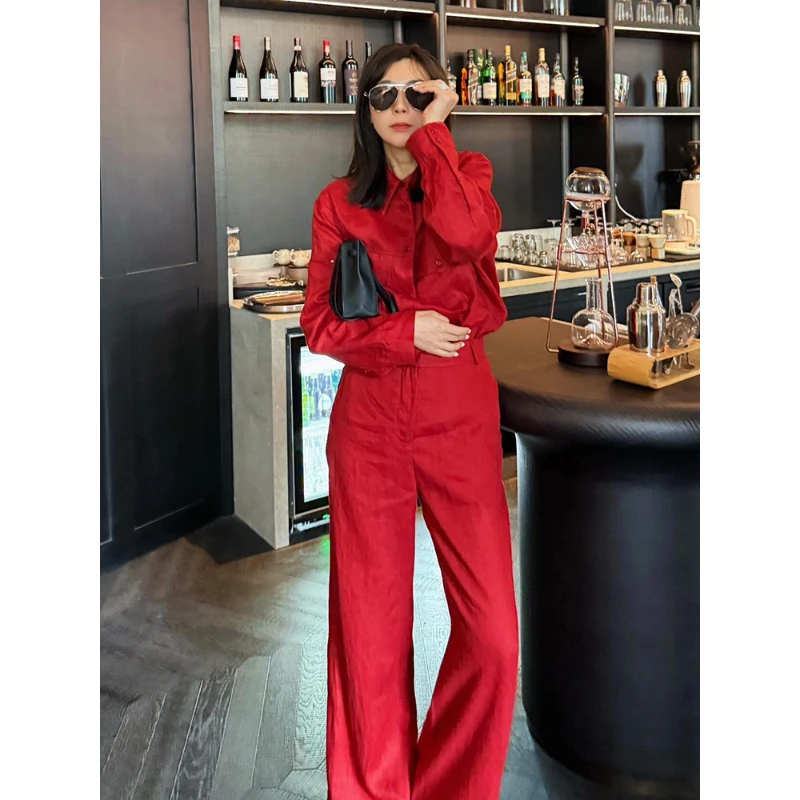 超火夏装一整套大方得体穿搭轻奢高级感欧货百搭红色衬衫套装裤女