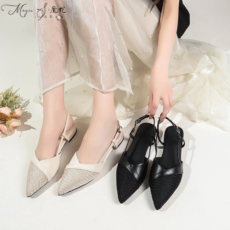 【万达撤柜】时尚高跟鞋女夏季尖头中跟舒适包头平底空粗跟低跟一