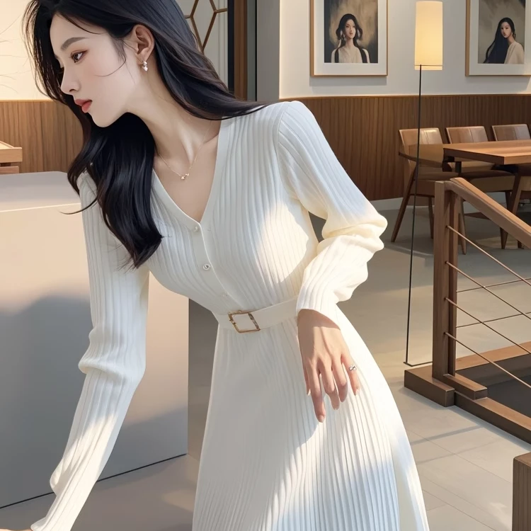 韩国秋冬新款正式场合通勤气质女神范V领针织毛衣连衣裙打底内搭