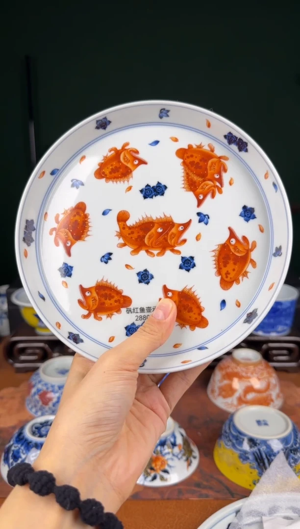 杯洪印幕明。青花矾红。鳜鱼。 壶承