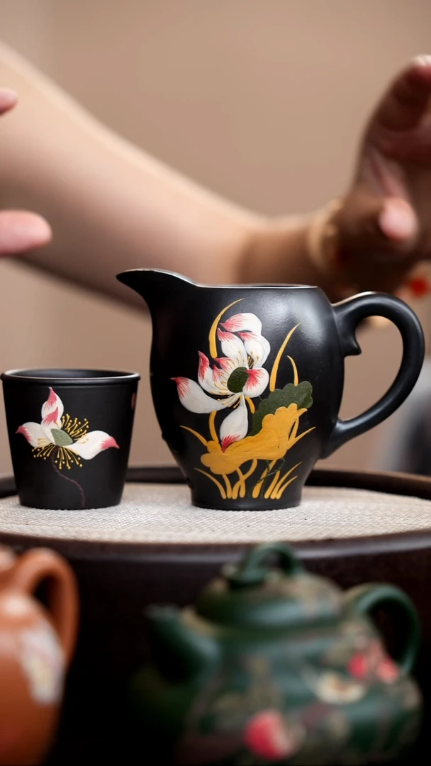 茶壶紫砂石黄鸭嘴莲花公道杯+杯