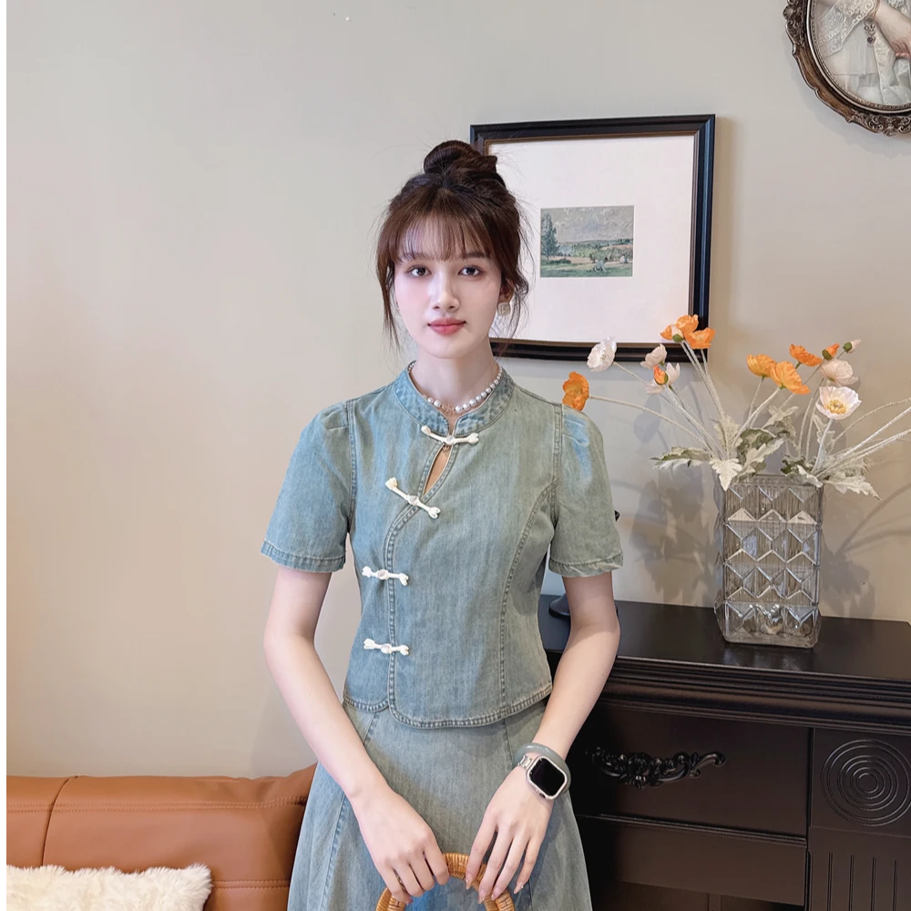 复古国风牛仔小衫a字裙套装夏装新款国潮气质两件套裙子SZ1906135