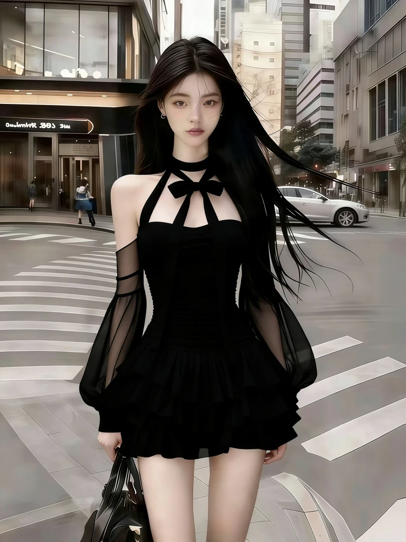 圣诞穿搭气质高级千金风黑色圆领挂脖露肩网纱褶皱长袖收腰连衣裙