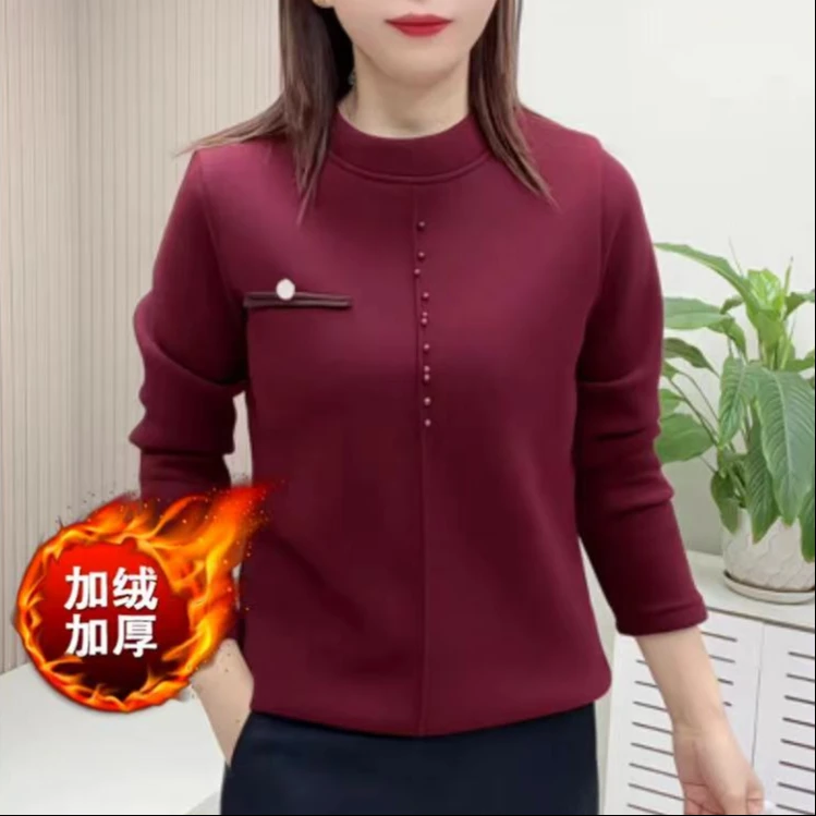 新款时尚宽松显瘦中老年妈妈圆领双面绒磨毛百搭气质妈妈装(小扣)