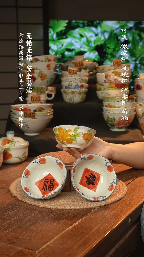 瓷景德镇高温瓷釉下彩手绘陶瓷3只