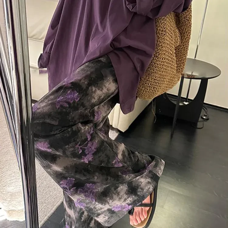 高档棉绸阔腿裤裙双口袋女宽松显瘦休闲长裤夏季薄款碎花半身裙裤