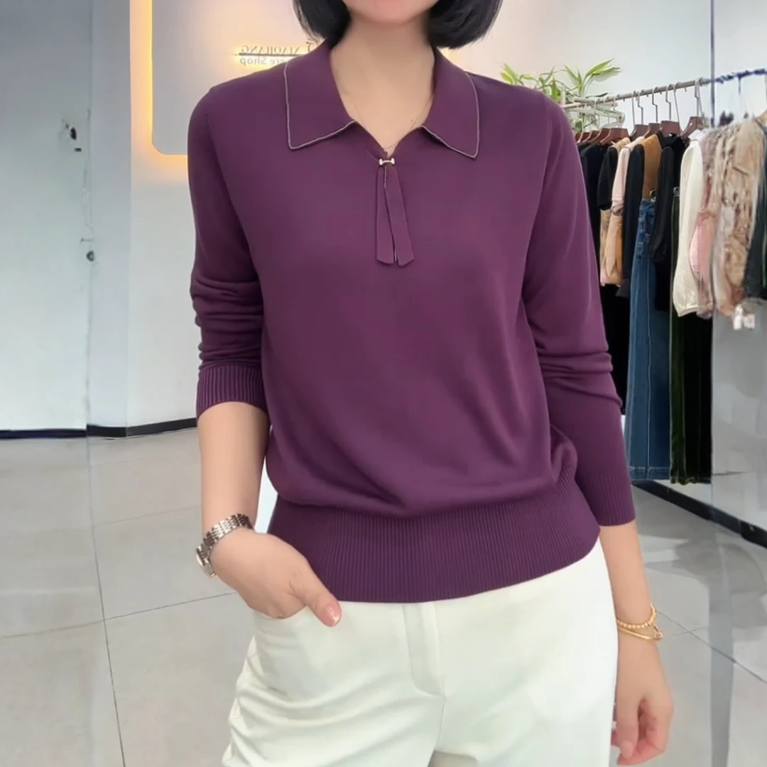 早秋新款莱赛尔天丝妈妈装中老年女装针织衫翻领气质减龄上衣