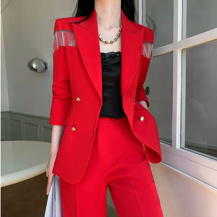 红色阔腿裤西装洋气女商务职业装西服轻熟风双排扣纯色春秋正装