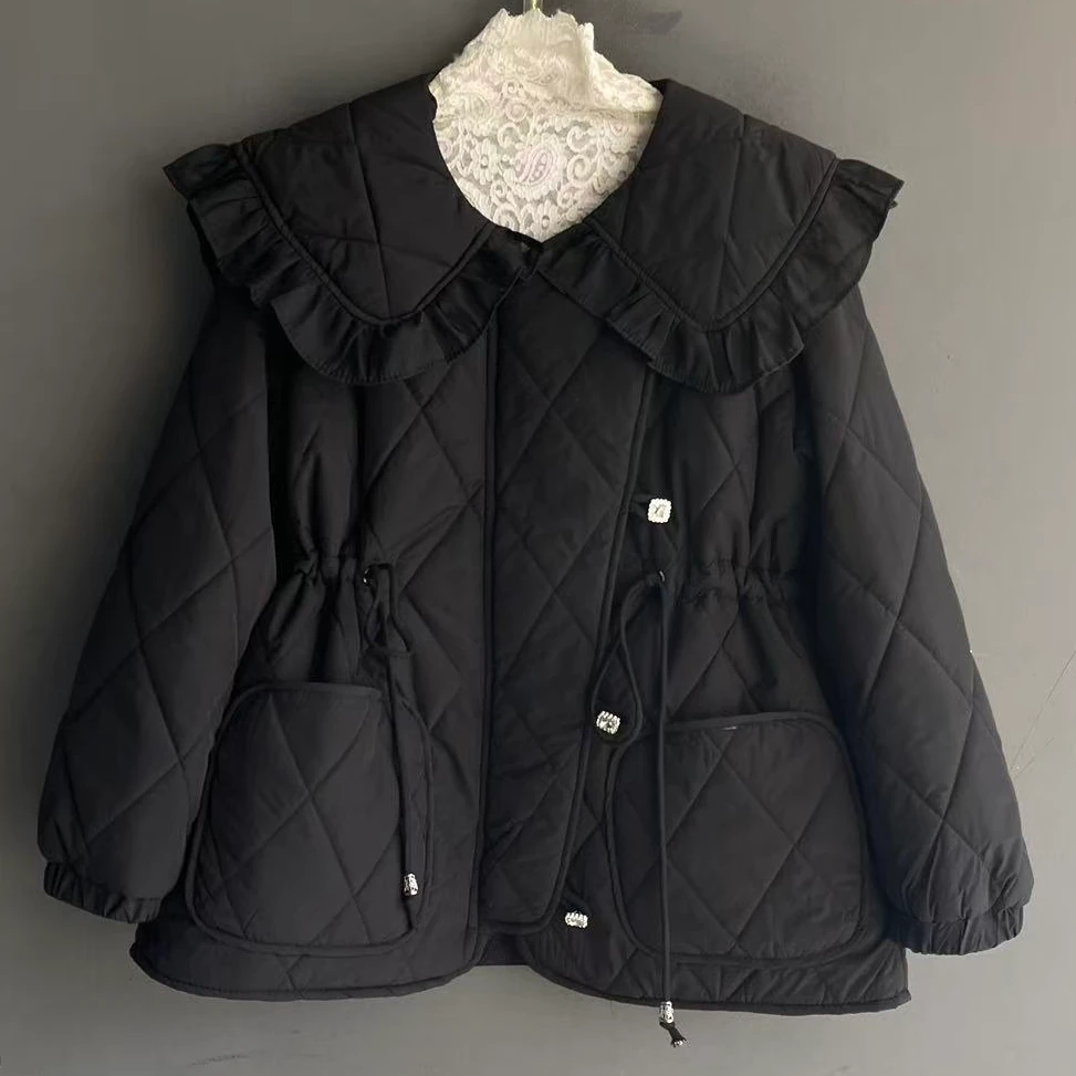 纯色厚款显瘦常规薄款娃娃领棉服外套上衣韩版拼接