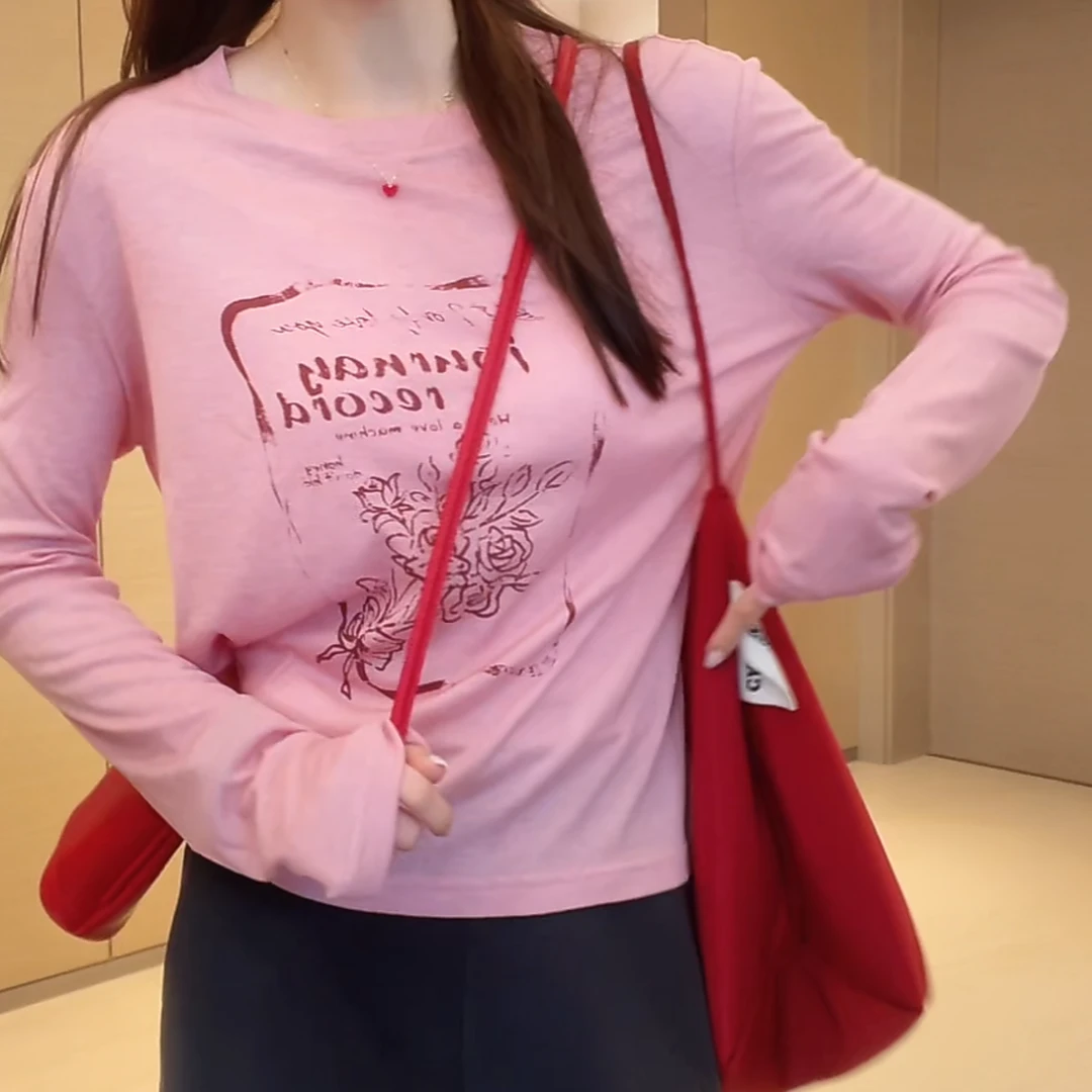 长袖百搭宽松别致印花修身显瘦T恤2025夏季新款时尚百搭防晒上衣