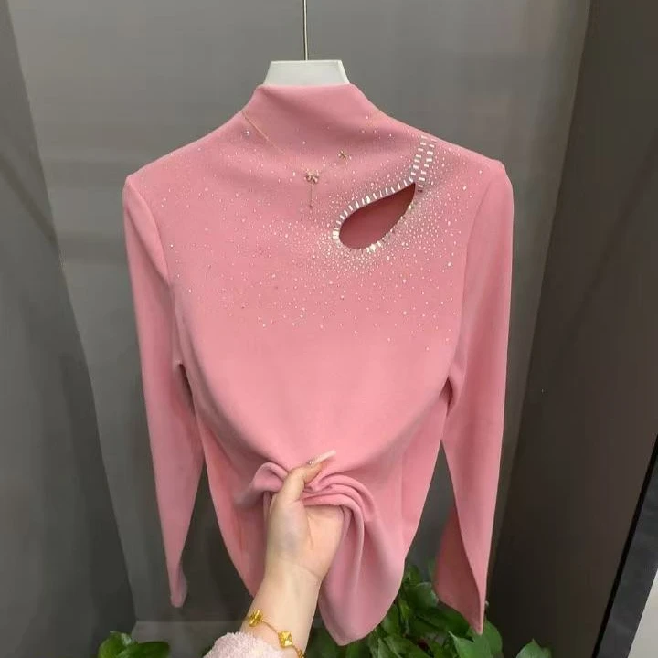 2024双面磨毛薄绒冬季显瘦遮肉钉珠粘钻镂空大码T恤808