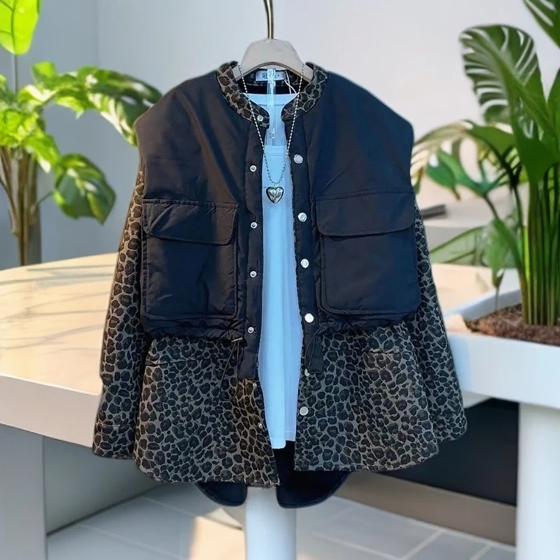 香港大码女装冬季新款短款洋气棉服百搭拼黑色马甲假两件韩版外套