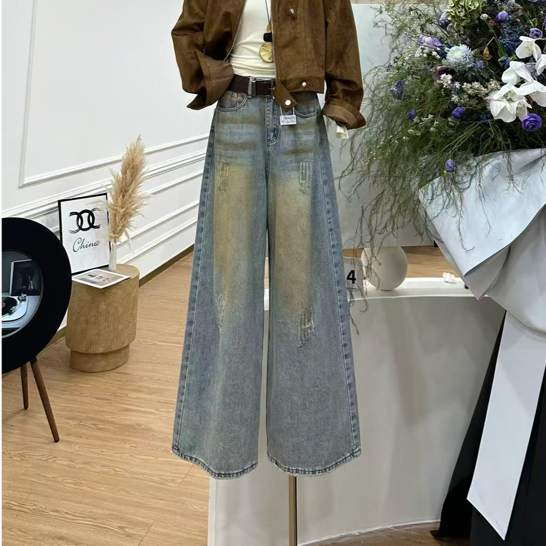 【落日街头】复古做旧高腰显瘦脏脏牛仔裤-8737（今天拍配腰带）