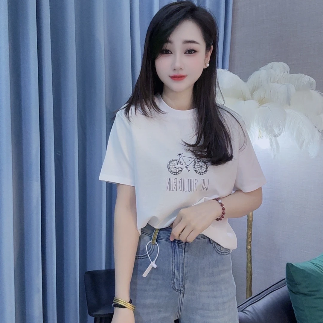 丹丹精选--7871新款圆领重工钉珠自行车图案短袖T恤