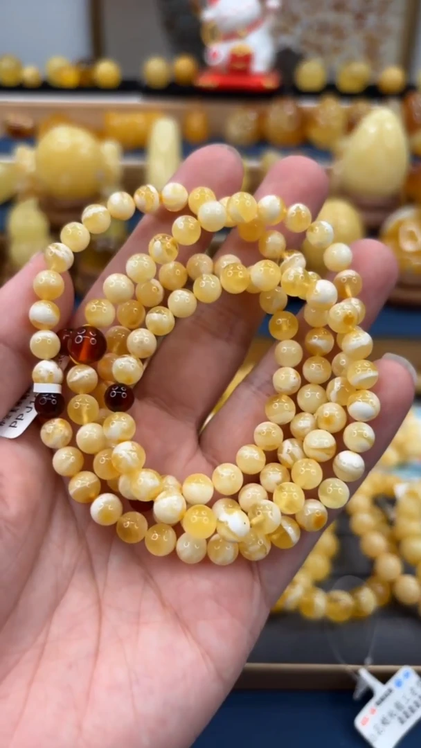 手串琥珀未镶嵌p80金瓷白蜜蜡佛珠 6+mm 20克
