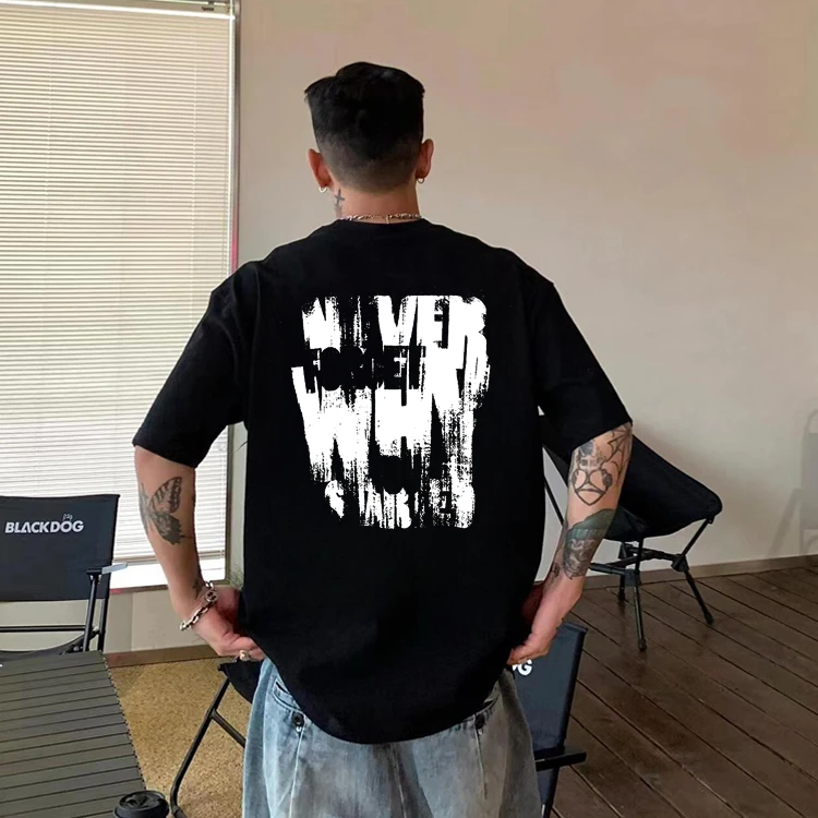 美式复古潮流模糊字母印花短袖重磅纯棉T恤宽松百搭圆领休闲上衣