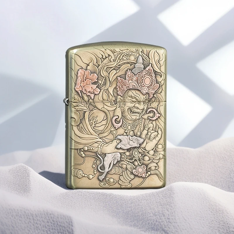 ZIPPO/之宝黄财神金刚杵官方正品纯铜盔甲紫铜镶嵌打火机双面DYJ1