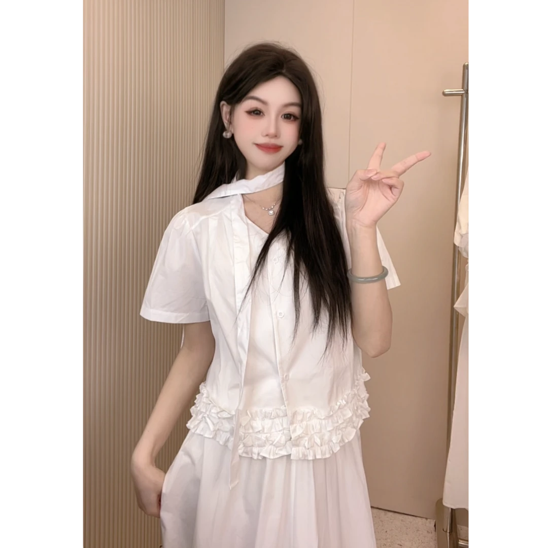 【25044】夏季小清新纯色V领荷叶边木耳短袖衬衫+半身裙两件套套装