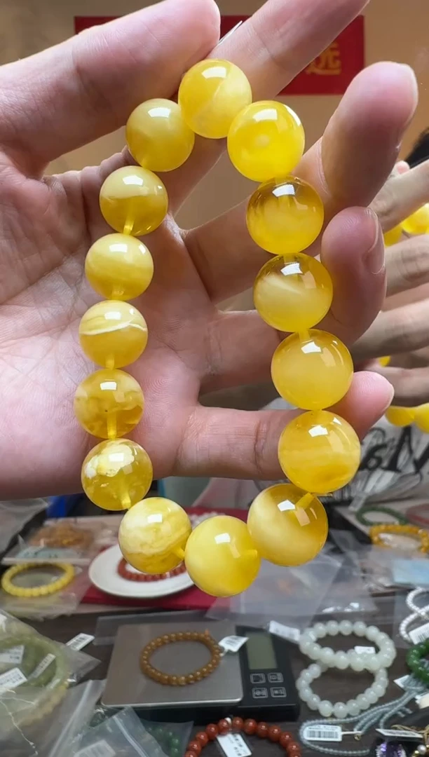 手链琥珀未镶嵌约14mm俄料金绞白花蜜蜡圆珠单圈