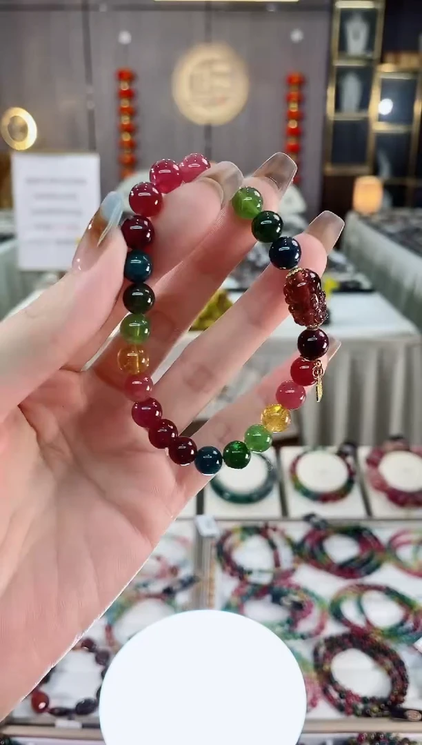 老矿彩虹色标透体单圈手串7mm+未镶嵌碧玺dan多样性发货一条