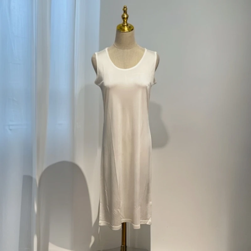 真丝连衣裙女纯色大码圆领宽松裙桑蚕丝无袖打底裙背心裙沙滩长裙
