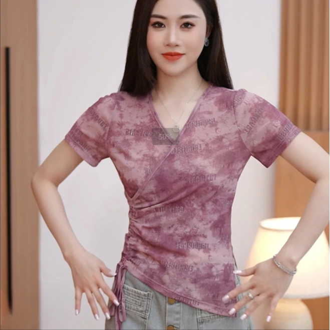 V领网纱短袖T恤女夏装新款高级感洋气印花修身弹力气质显瘦上衣潮