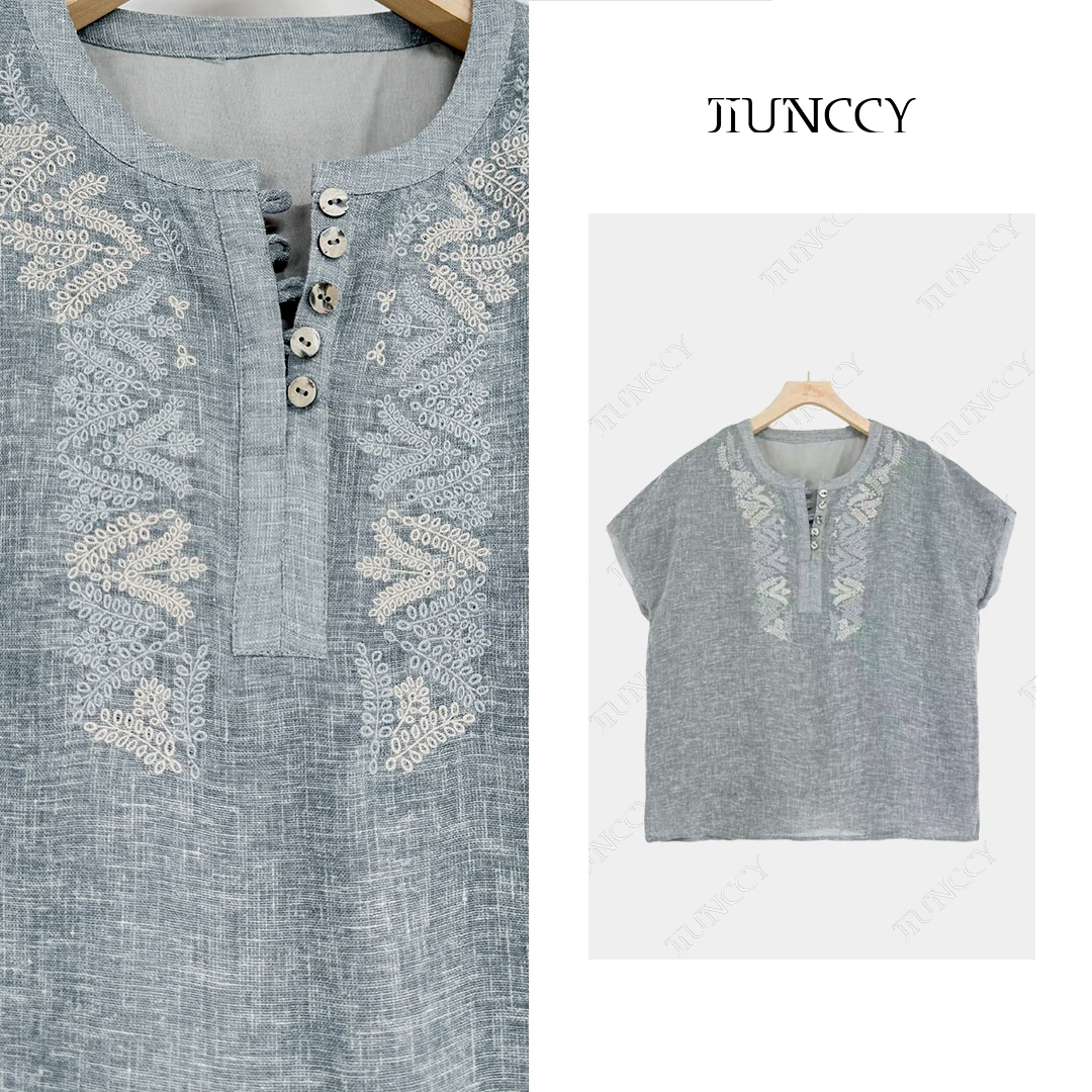 JIUNCCY【蓝织】定制色织亚麻重工刺绣贝壳扣连肩袖上衣 52YCY119