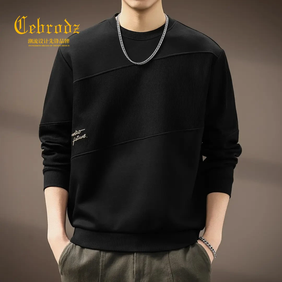法国Cebrodz美式潮牌拼接卫衣男士秋季宽松刺绣圆领休闲上衣百搭