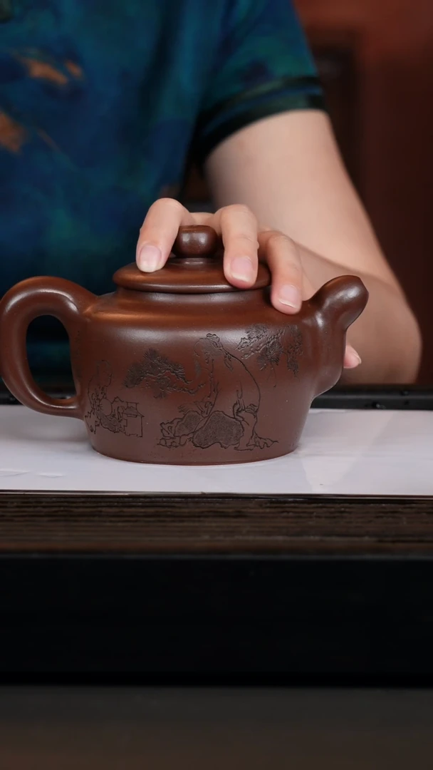 茶壶紫砂bzl底漕青道鸿刻字刻绘450cc带画