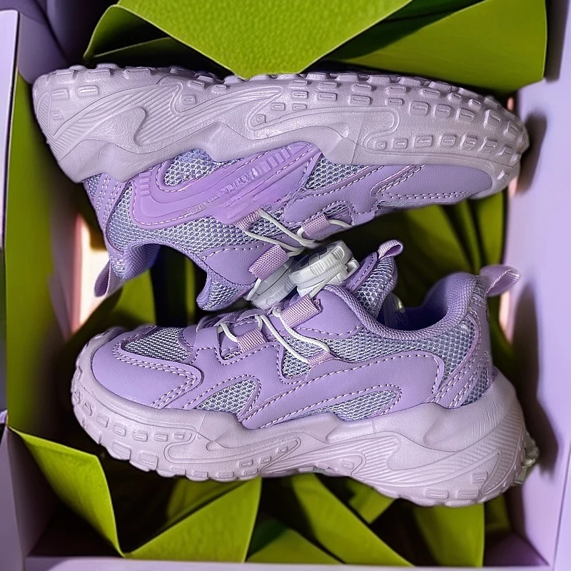 童鞋紫色透气女童春秋运动鞋防水防滑吸汗双网百搭纽扣夏季网面