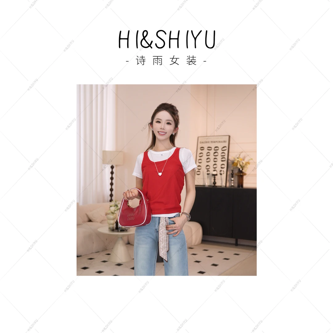 HISHIYU【彩虹布丁】简约百搭假两件拼色T恤上衣