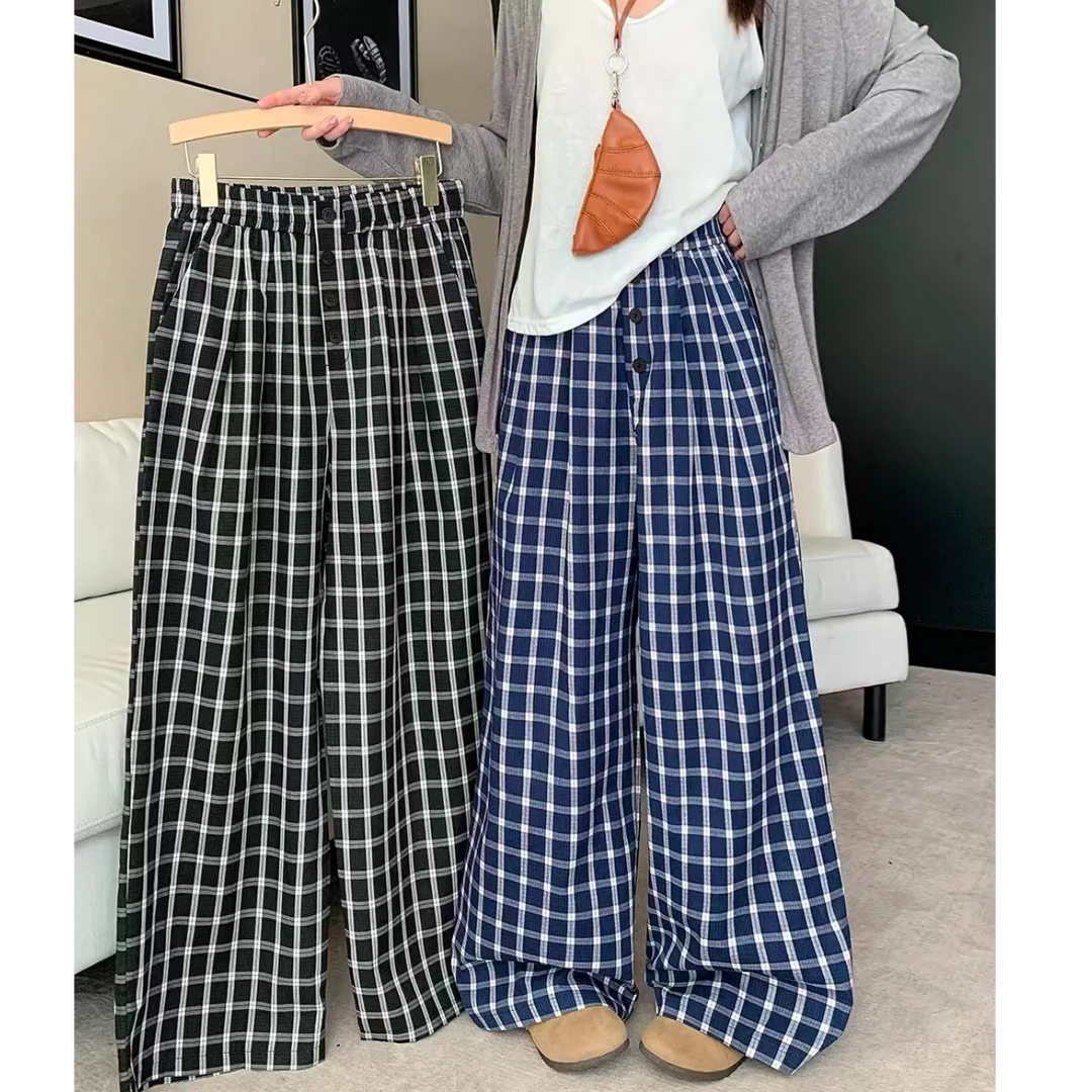 胖妹妹蓝黑格子休闲长裤直筒裤秋季大码女孩显瘦格子裤223