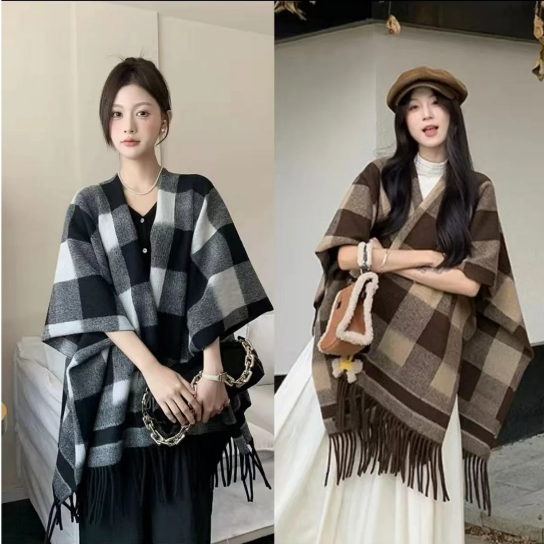 休闲格子复古保暖宽松披肩欧美极简风