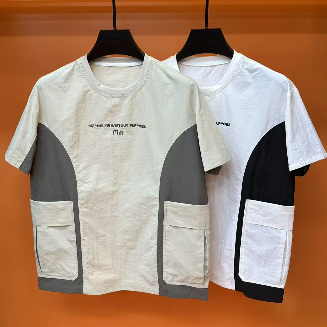 A5男士拼接设计感刺绣圆领短袖t恤百搭休闲时尚潮流半袖小衫上衣