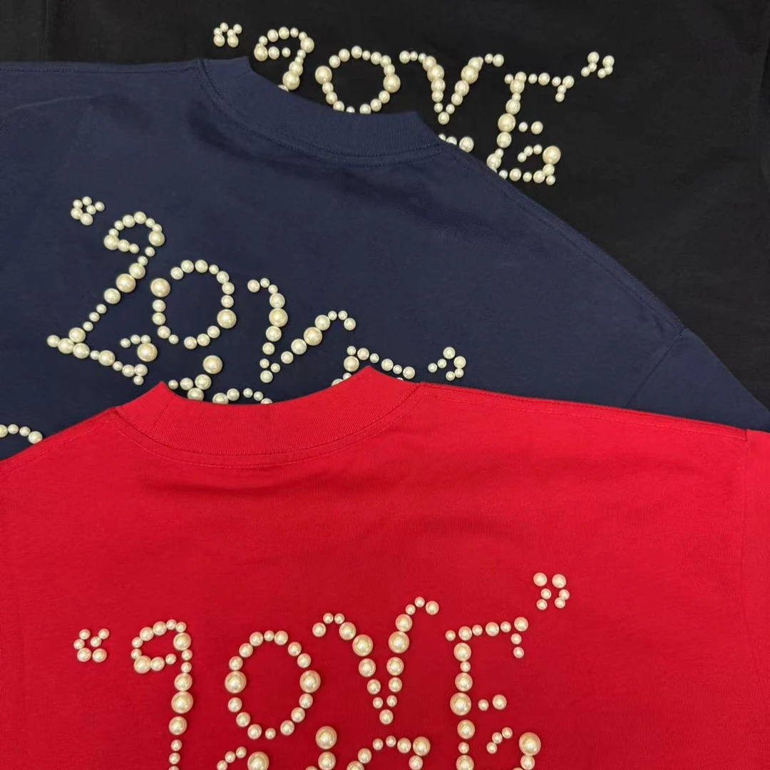 宽松【珍珠刺绣短袖T恤】男女同款D28012