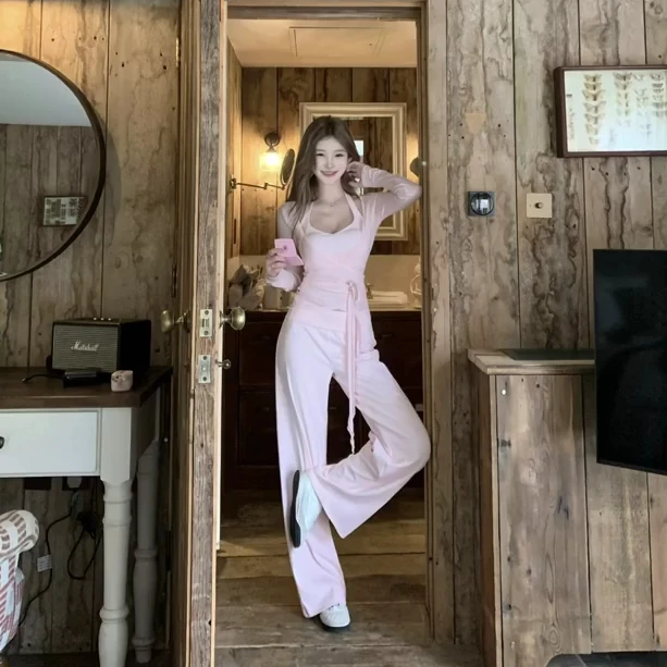 时尚性感三件套女2025早秋新款吊带背心小开衫休闲裤修身显瘦套装