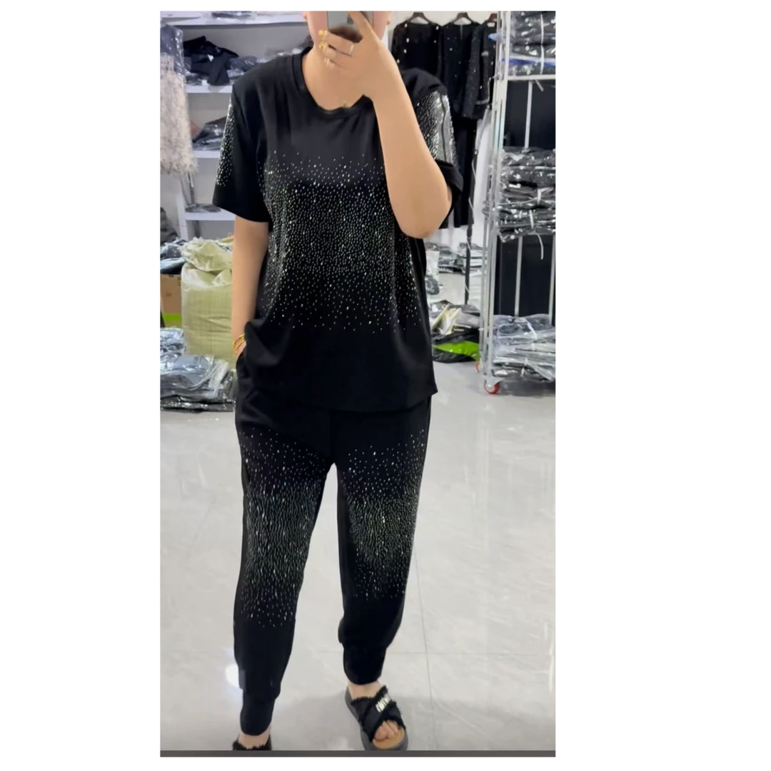 丽姐家黑色时尚套装时尚春夏女装显瘦短袖上衣休闲休闲风百搭轻奢